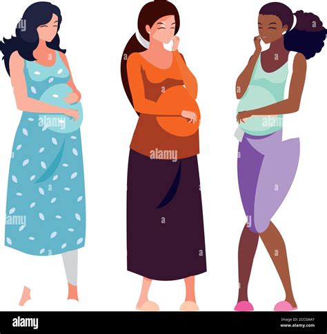 Three Pregnant Women Cartoons Design Belly Pregnancy Maternity And Mother Theme Vector