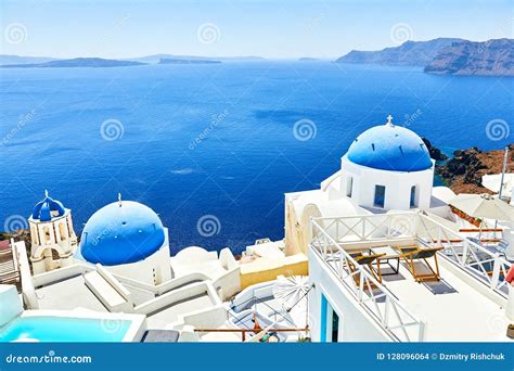 White Houses With Blue Roofs On Santorini Stock Photo Image Of