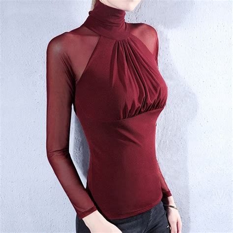 Sexy See Through Turtleneck T Shirt Women Long Sleeve Front Pleated