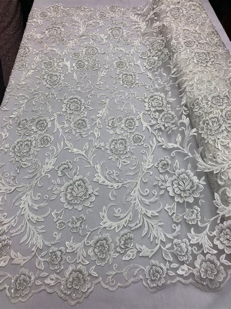 Beaded Floral Ivory Luxury Wedding Bridal Embroidery Lace Fabric S