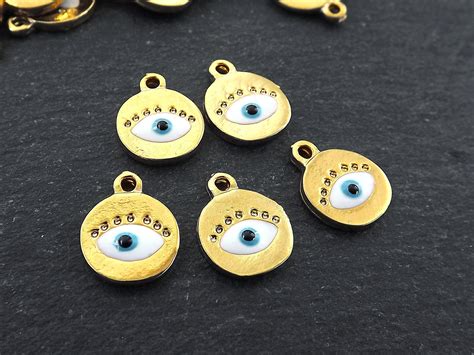 Gold Mini Round Evil Eye Pendant Charms White Enamel Evil Eye Etsy