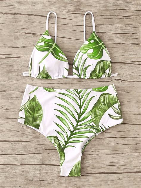 Green Leaf Swimsuit Triangle Cami Top With High Waist Bikini Bottom