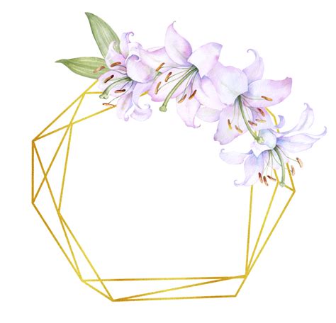 Free Moldura Quadrada De Metal Dourado Com Flores De Lírio Branco E Rosa Ilustração Em Aquarela