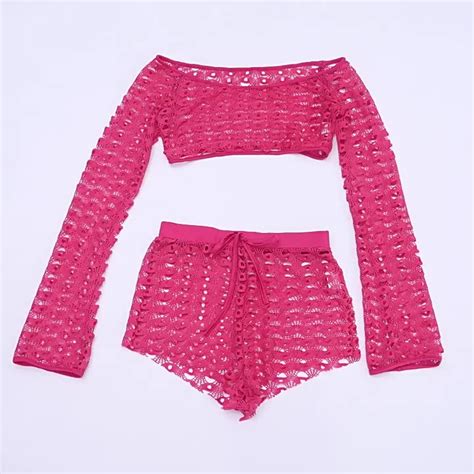 2023 Sexy Hollow See Through 2 Piece Set Women Off Shoulder Long Sleeve Crop Tops And Shorts