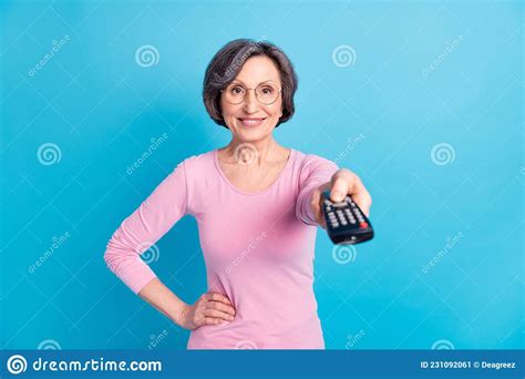 Photo Of Happy Good Mood Pretty Charming Mature Woman In Glasses Watch Television Isolated On