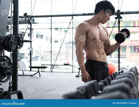 Man Lift Dumbbell In Gym Bodybuilder Male Working Out In Fitness