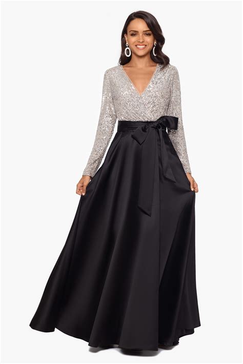Long Sleeve Sequin Top Ball Gown Satin Skirt Xscape Long Sleeve