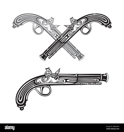 Old Gun Vintage Flintlock Pistol Hand Drawn Vector Illustrations Collection Engraving Style