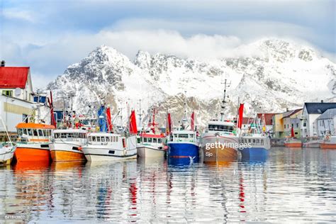 Fishing Boats In Henningsvaer In Winter In Lofoten Archipel Norway High