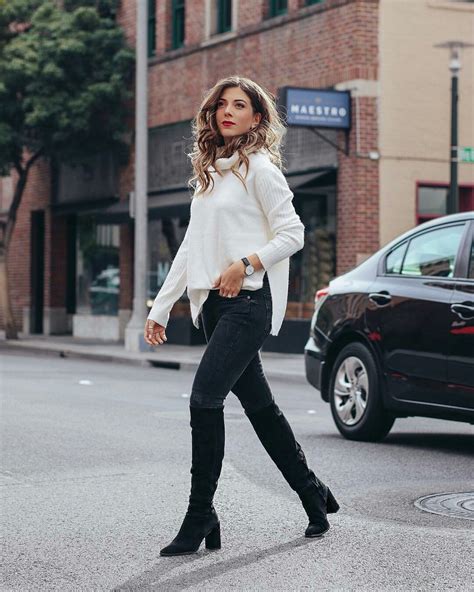 White Knit Sweater Black Jeans And Black Ankle Boots Fashion Black