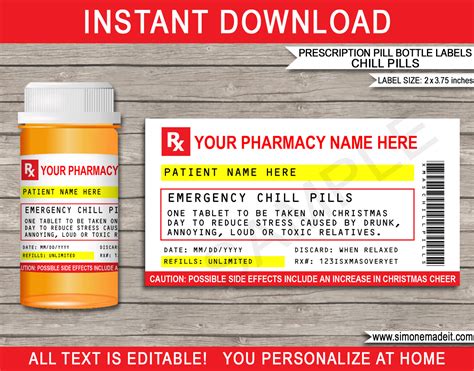 Customize online & print at home. Prescription Christmas Chill Pill Labels Template | Gag ...