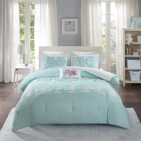 Twin Xl Full Queen Aqua Blue White Polka Dot Hearts 4 Pc Comforter Set Bedding The Clearance
