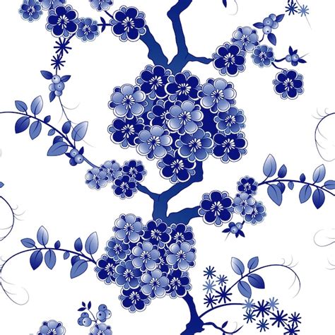 Синяя и белая ветка в китайском стиле с цветами и листьями векторный