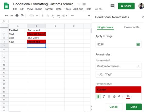 We use conditional formatting with a custom formula. Google Sheets: Conditional Formatting with Custom Formula ...