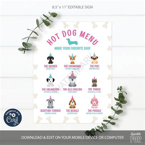 Editable Puppy Hot Dog Bar Menu Sign Printable Puppy Birthday Etsy