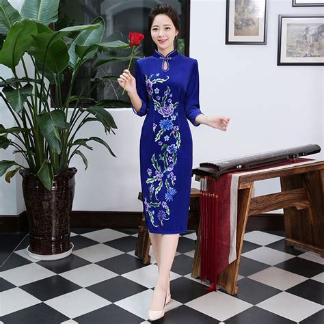 Traditional Chinese Dress Qipao Long Blue Printing Velvet Cheongsam Cheongsams Velour Vestido
