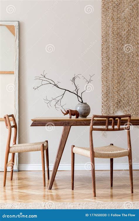 Stylish Dining Room In Japandi Interior Design Style Stock Photo