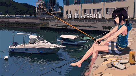 Black Haired Female Anime Character Illustration Fishing Barefoot Sea Boat Hd Wallpaper