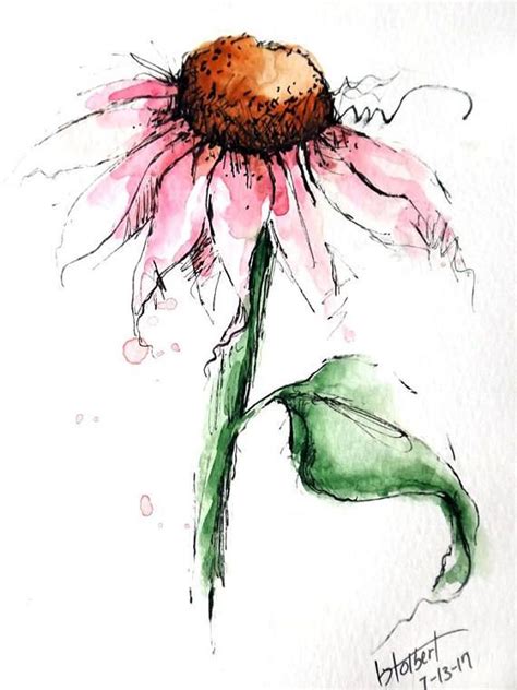Watercolor blending techniques for beginners. Original artwork of lovely pink cone flower with a single leaf rendered in pen, ink and ...