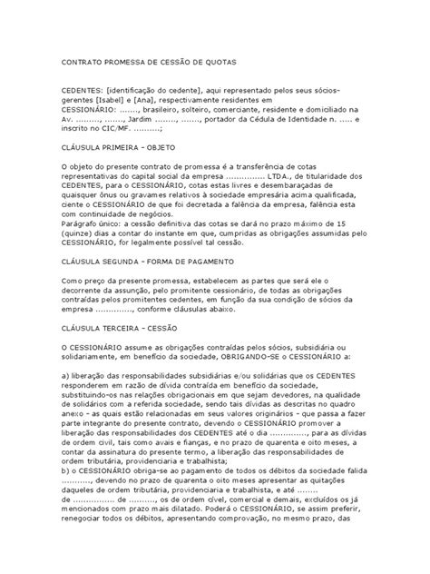 Contrato Promessa De Cessão De Quotas Pdf