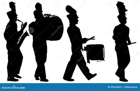 Marching Band Playing Instruments Silhouettes Stock Vector