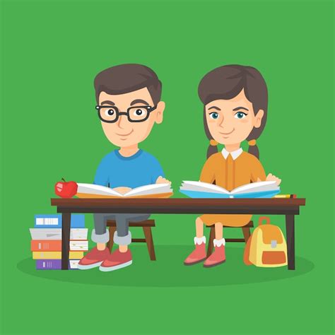 Premium Vector Boy And Girl Sitting At The Table And Reading