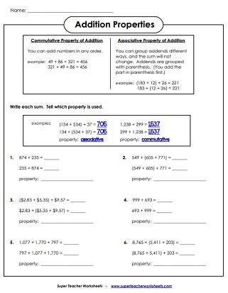 Printable Addition Properties Worksheets Commutative Property Of