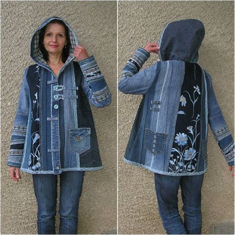 hooded jacket upcycled clothing by ecoclo denim collection size m Одежда из переработанных