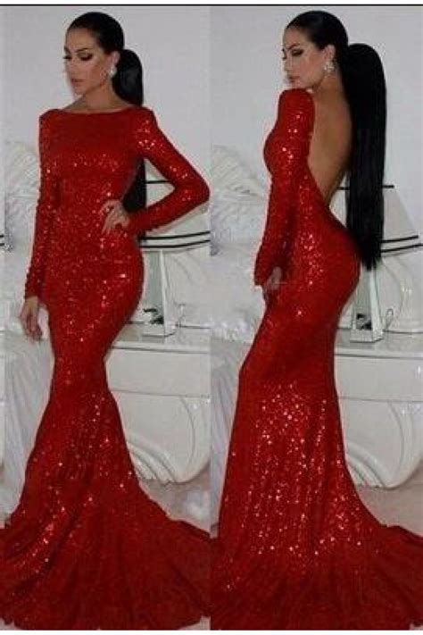 Mermaid Long Sleeves Sparkle Red Long Prom Dress Formal Evening Dresses 601568 Red Prom Dress