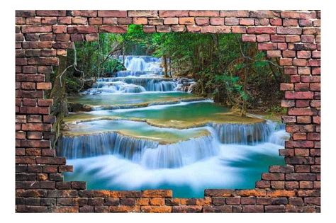 Wall26 Waterfalls In The Forest Viewed Through A Broken Brick Wall 3d