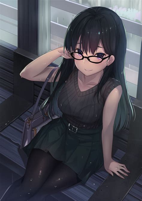 Anime Anime Girls Long Hair Glasses Purple Eyes Hands In Hair Skirt Black Pantyhose Arm Support