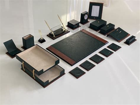 Green Wood Leather Luxury Desk Pad Leather Desk Set 22 Piece Etsy
