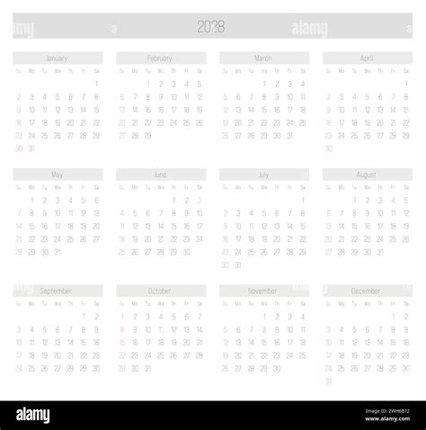 Monthly Calendar Of Year 2028 Week Starts On Sunday Block Of Months