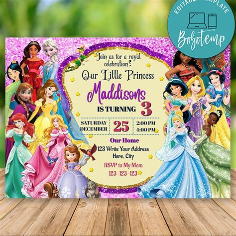 Editable Disney Princess Party Invites Print At Home Bobotemp