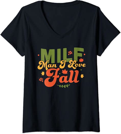 womens milf man i love fall funny fall season autumn leaves v neck t shirt