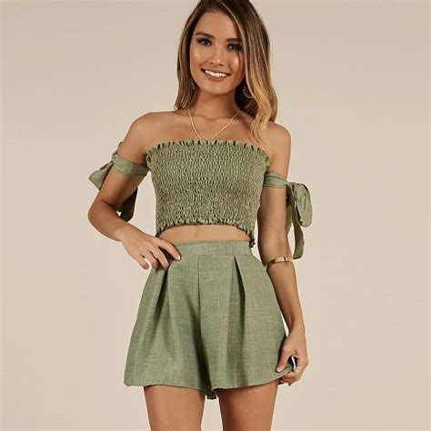 2 Piece Set Women Outfits Strapless Tie Sleeve Tube Crop Top And High Waist Shorts Two Piece Set