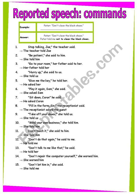 Reported Speech Commands Grammar Worksheet Esl Worksheet By