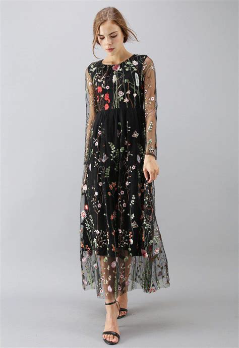 Lost In Flowering Fields Embroidered Mesh Maxi Dress In Black Lace