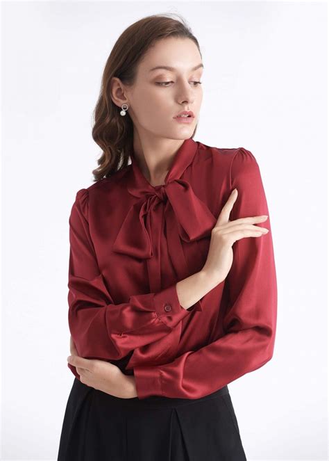 Bow Tie Neck Silk Blouse In 2020 Women Long Sleeve Tops Womens Silk