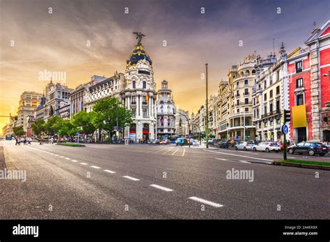 Madrid Spain Cityscape At Calle De Alcala And Gran Via Stock Photo Alamy