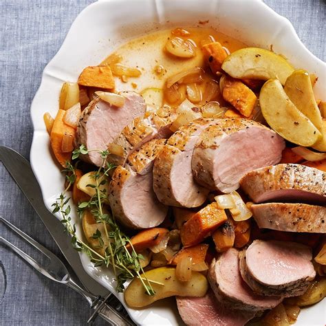 This pork tenderloin is finished with a sweetened spicy mustard sauce with a little bit of crumbled rosemary. Pork Tenderloin with Apple-Thyme Sweet Potatoes Recipe ...