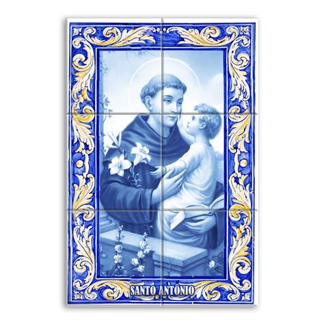 Quadro Imagem Santo Antônio em Azulejo Decorativo Estilo Português Divino Quadros em Azulejo