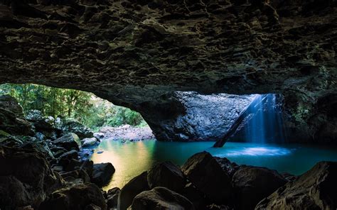 Nature Landscape Pond Cave Waterfall Trees Rock Australia