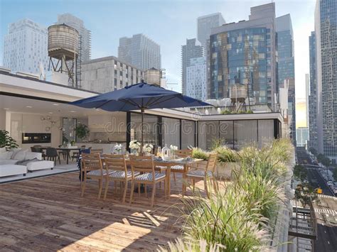 Penthouse Terrace In A Big City 3d Rendering Stock