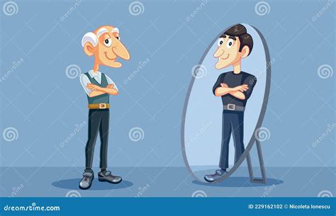 Senior Man Seeing His Younger Self In The Mirror Stock Vector