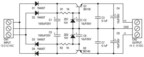 9v Dual Output Power Supply Using Zener And Bipolar Transistor 3