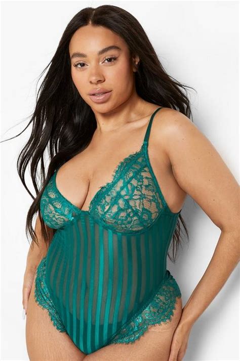 Women S Plus Lace Stripe Bodysuit Boohoo Uk