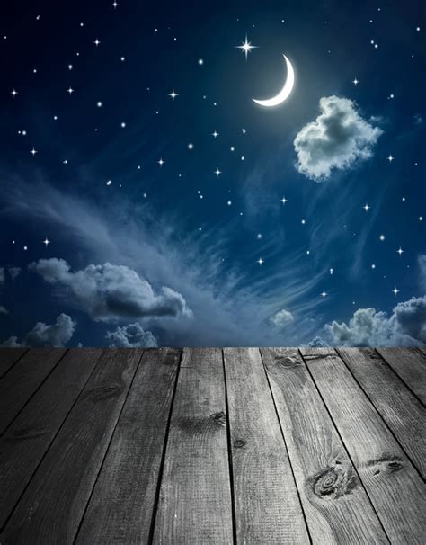 5x7ft Night Time Clouds Moon Starry Sky Stars Wooden Floor