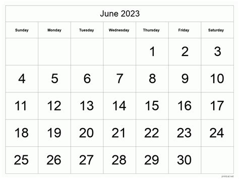 Printable June 2023 Calendar Big Dates
