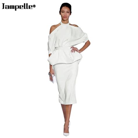 elegant white women suit new fashion strapless halter tops with shaped skirt ladies asymmetrical